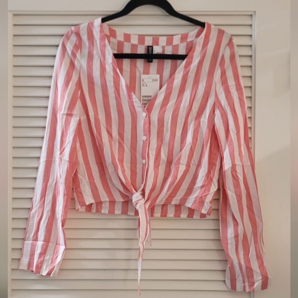 Divided - (NWT) Pink & White Long-Sleeve Striped Light Tie Crop Top